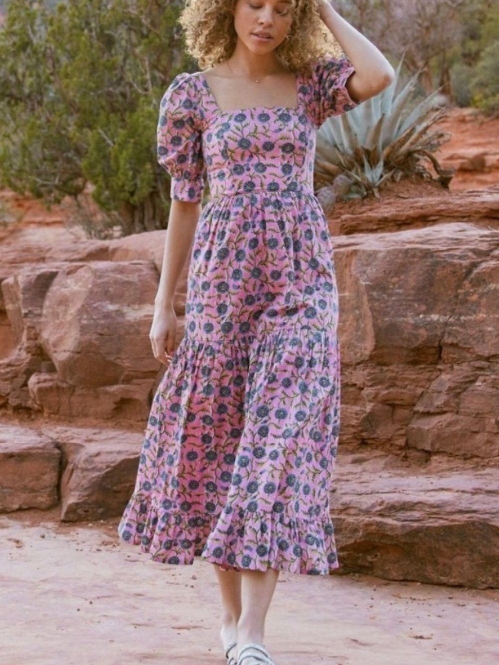 NWT $378 EDDY Barbara square neck dress Pink Pale Magenta & Indigo Floral Sz 14